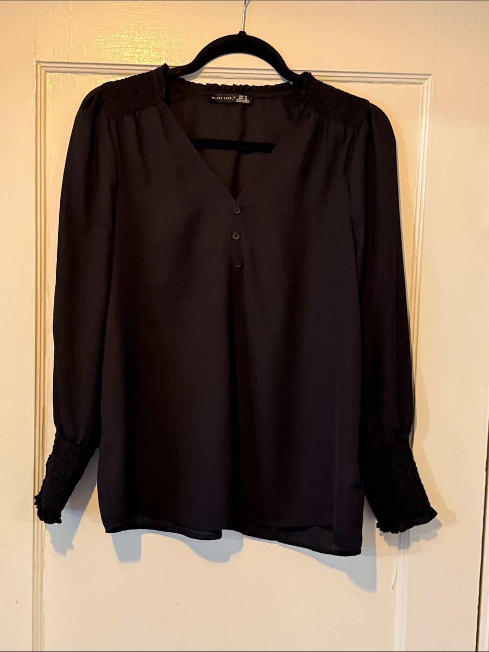 Black Pleated-Sleeve V-Neck Blouse - with elastic cuff sleeves by Black Tape